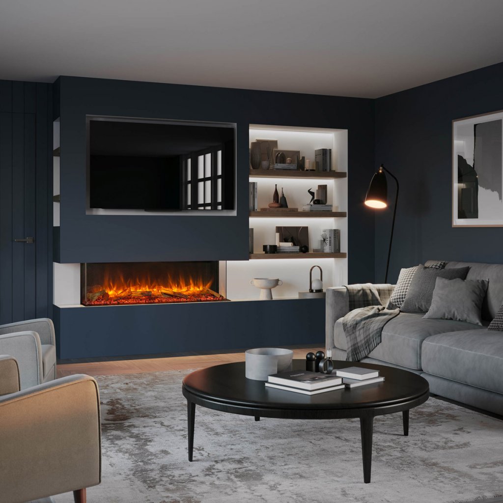 Modern media wall with electric fireplace, TV, built in shelves and storage in a stylish small living room.