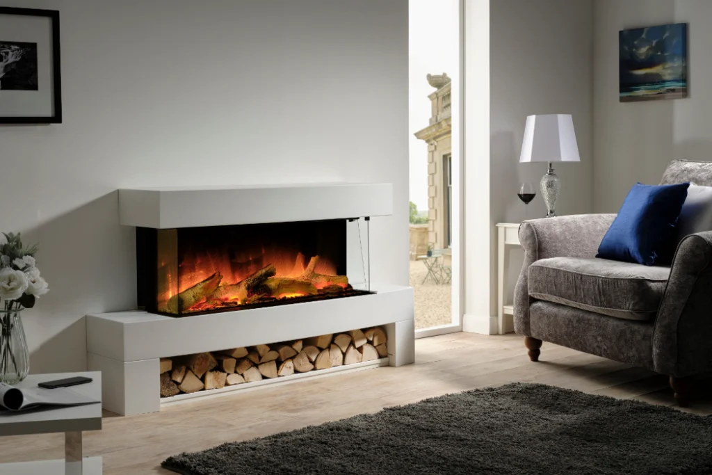 Modern linear gas fireplace with realistic flames in a stylish living room, available from Blue Oak Fireplaces in Leicester