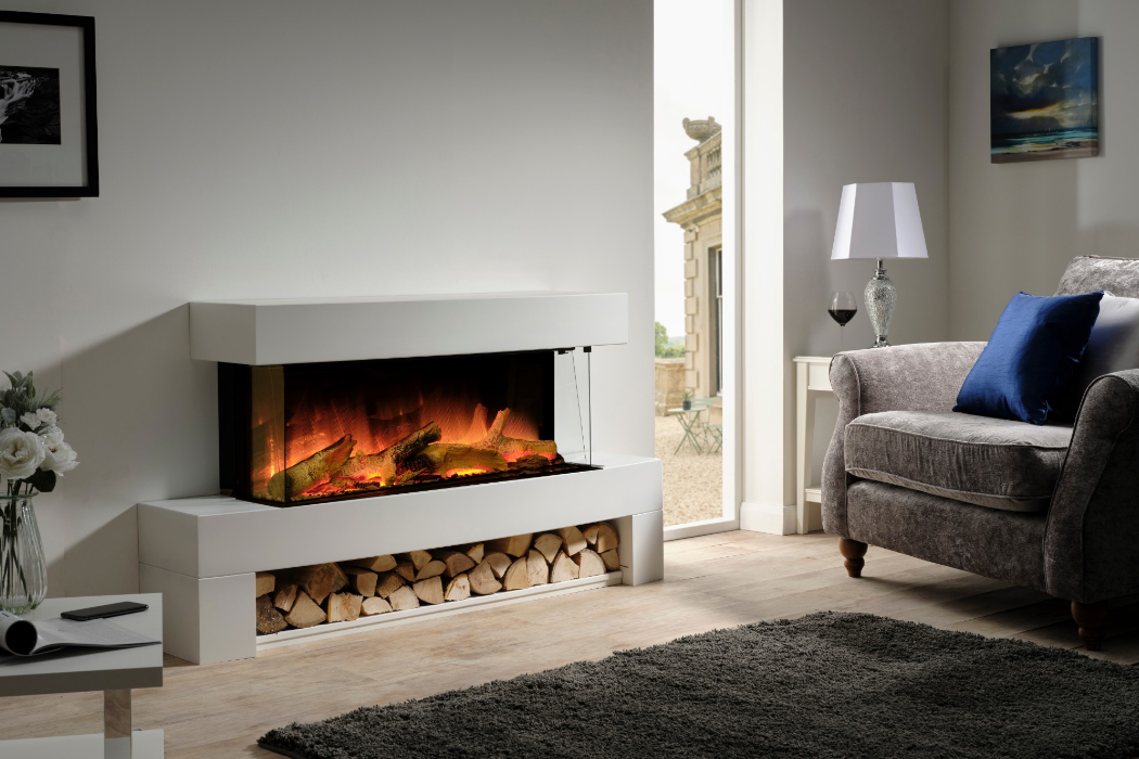 Modern linear gas fireplace with realistic flames in a stylish living room, available from Blue Oak Fireplaces in Leicester