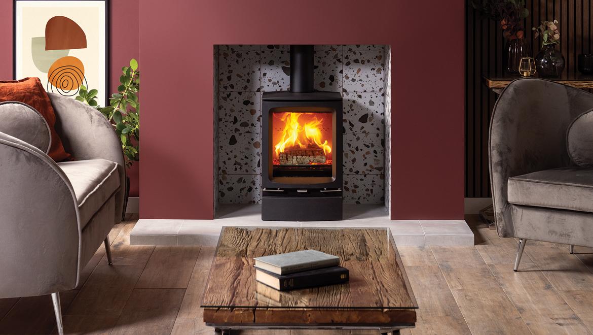 Wood burning stove in a modern fireplace setting for a stylish Leicester living room (fireplace installation cost)