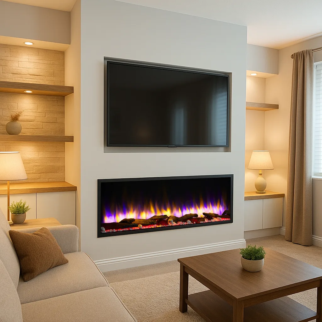 Media wall fireplace in a Leicester living room with electric fire, TV and built in shelving