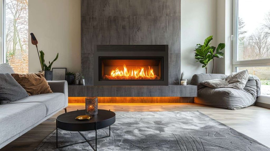 Modern built-in gas fireplace in a contemporary living room, available from Blue Oak Fireplaces in Leicester