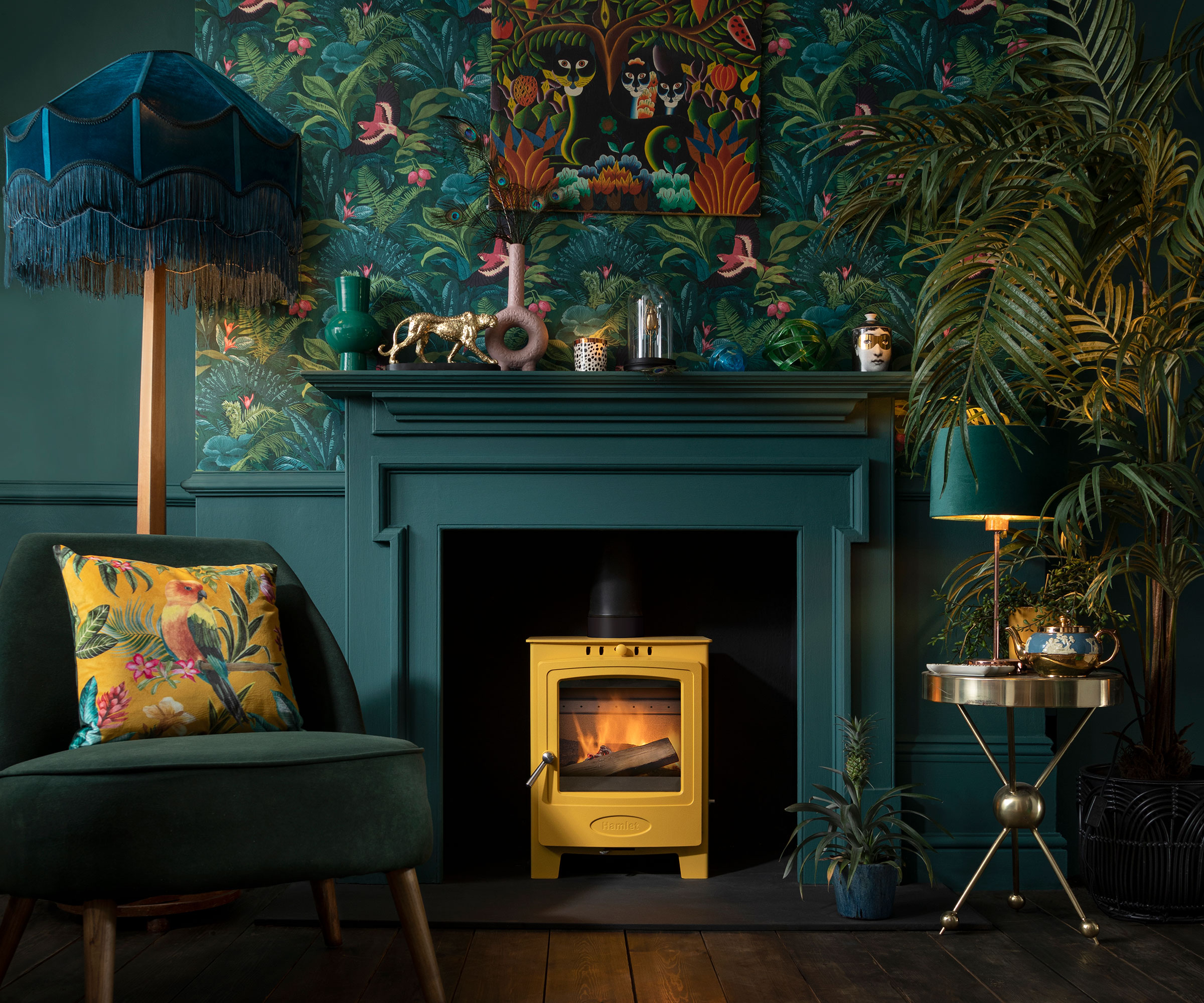 Luxury fireplace with colourful stove and elegant interior design for Leicester homes
