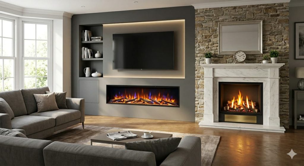 A photograph of a modern living room featuring two distinct fireplace displays. On the left, a grey built-in media wall has shelves, a mounted flat-screen TV, and a long linear electric fireplace with an orange and blue flame effect below it. On the right, a traditional white marble mantelpiece with a roaring log-effect gas fire is set against a textured stone accent wall, complete with a mirror, clock, and potted plants. A large grey L-shaped sofa and a coffee table are in the foreground