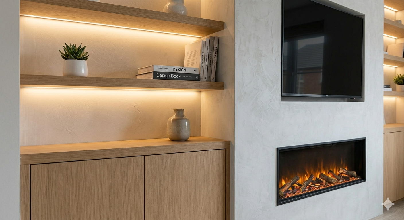 Media wall fireplace in a Leicester living room with electric fire, TV and built in shelving