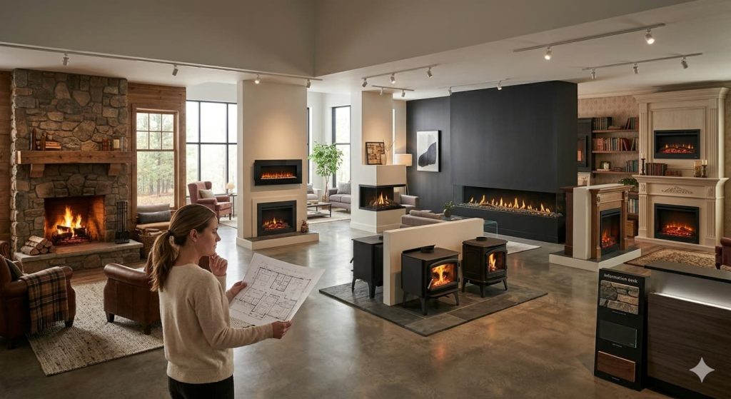 A woman in a cream sweater stands in a large showroom, holding a detailed floor plan how to choose right fireplace for your room size, surrounded by several diverse fireplace displays.