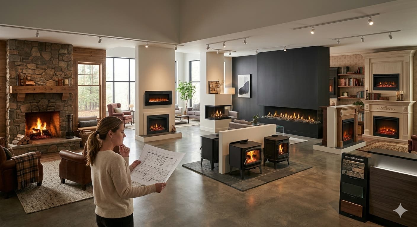 A woman in a cream sweater stands in a large showroom, holding a detailed floor plan how to choose right fireplace for your room size, surrounded by several diverse fireplace displays.