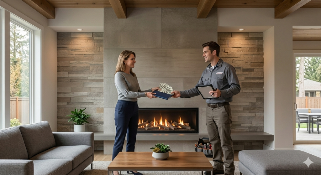 A female homeowner handing a cash payment to a professional technician in a modern living room, representing installation costs for Fireplace Ideas for New Build Homes Without a Chimney.
