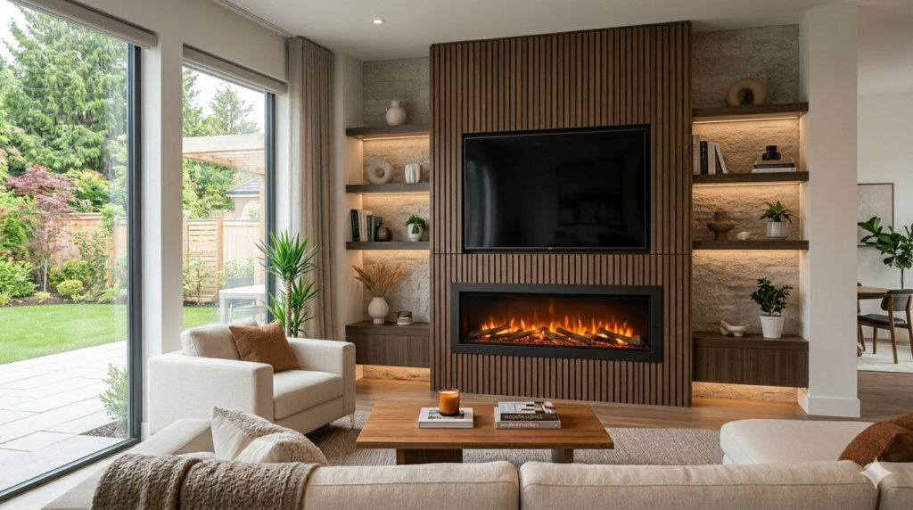 contemporary living room featuring a linear electric fireplace integrated into a stone-clad media wall, demonstrating "Fireplace Ideas for New Build Homes Without a Chimney."