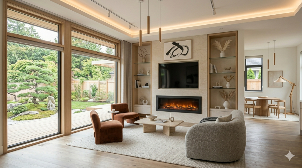 A bright Japandi-style living room showcasing a beige travertine stone media wall with a built-in linear electric fireplace, providing practical Fireplace Ideas for New Build Homes Without a Chimney.