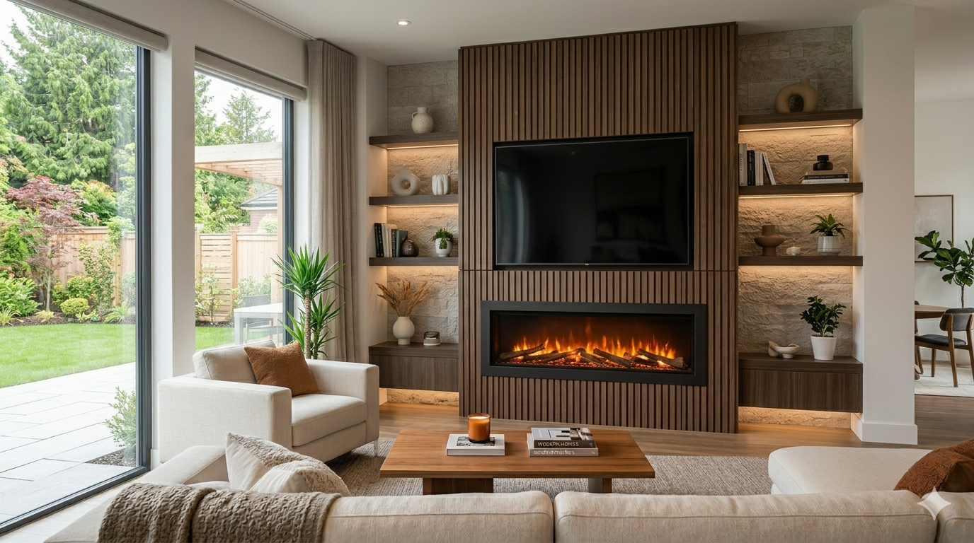 contemporary living room featuring a linear electric fireplace integrated into a stone-clad media wall, demonstrating "Fireplace Ideas for New Build Homes Without a Chimney."