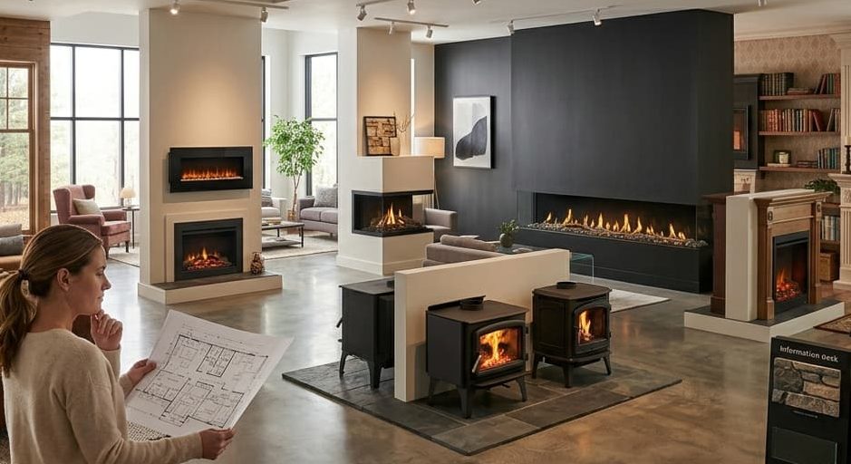 A woman in a cream sweater stands in a large showroom, holding a detailed floor plan how to choose right fireplace for your room size, surrounded by several diverse fireplace displays.
