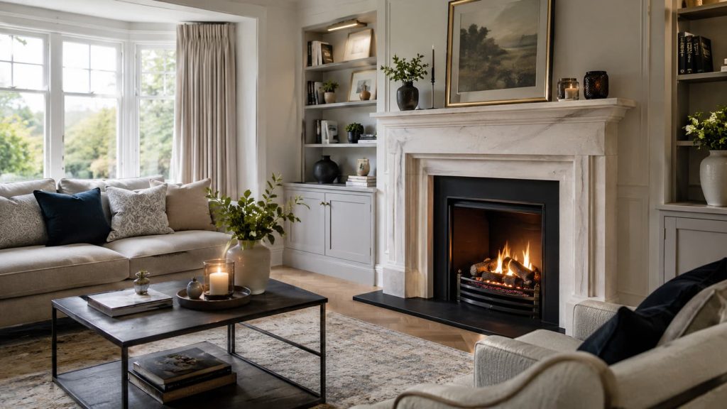 Bright UK living room with a stylish fireplace surround and realistic flame effect by Blue Oak Fireplaces