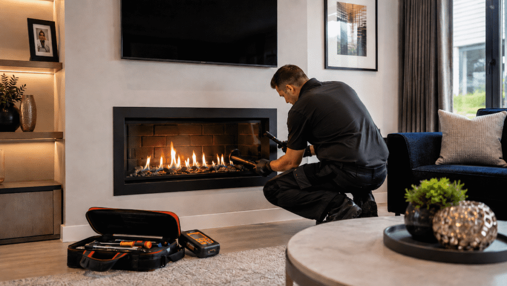 Professional engineer carrying out gas fire servicing on a modern living room fireplace.