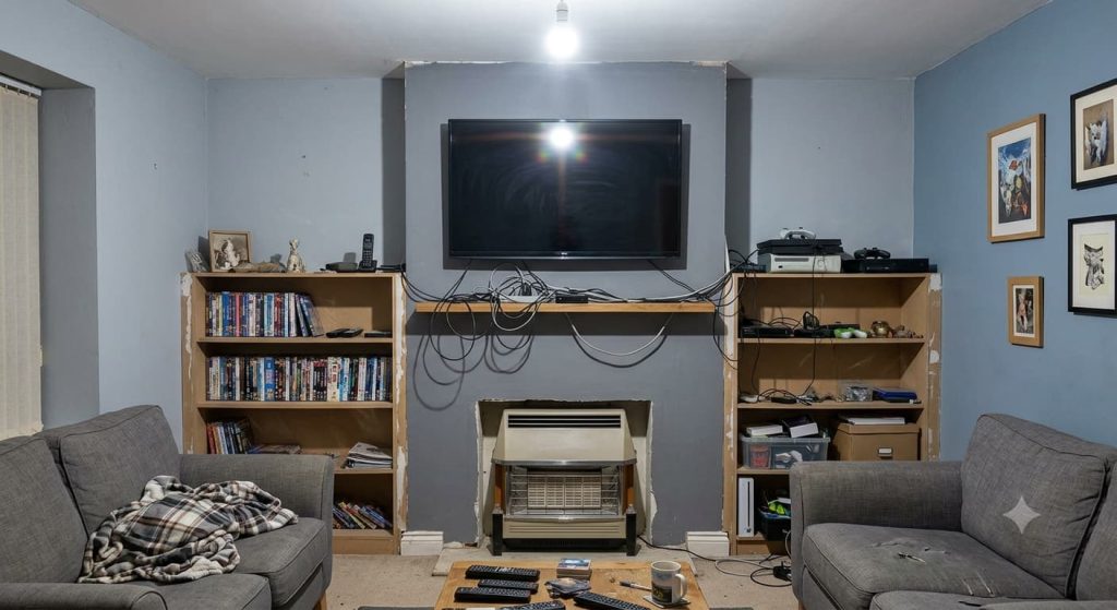 A cluttered living room with a large screen TV showing nature, a tangled mess of cables hanging on the wall and floor, disorganized Media Wall Mistakes on raw plywood shelves, and bulky gray sofas, illustrating common living room design mistakes that look cheap.