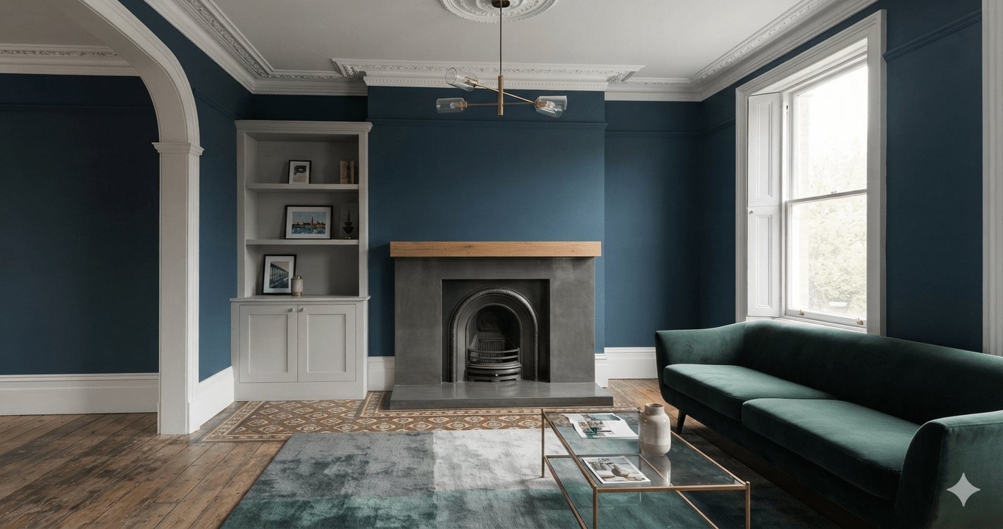 Contemporary concrete and cast iron fireplace surround with oak mantel in a Victorian living room with original coving