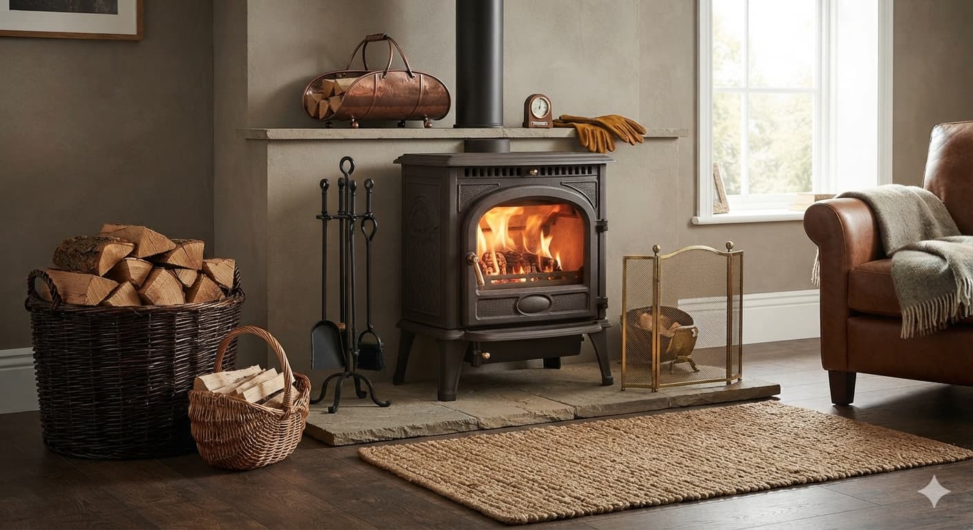 Wood burning stove surrounded by fireplace accessories including a companion tool set, log baskets, ash bucket, and brass fireguard