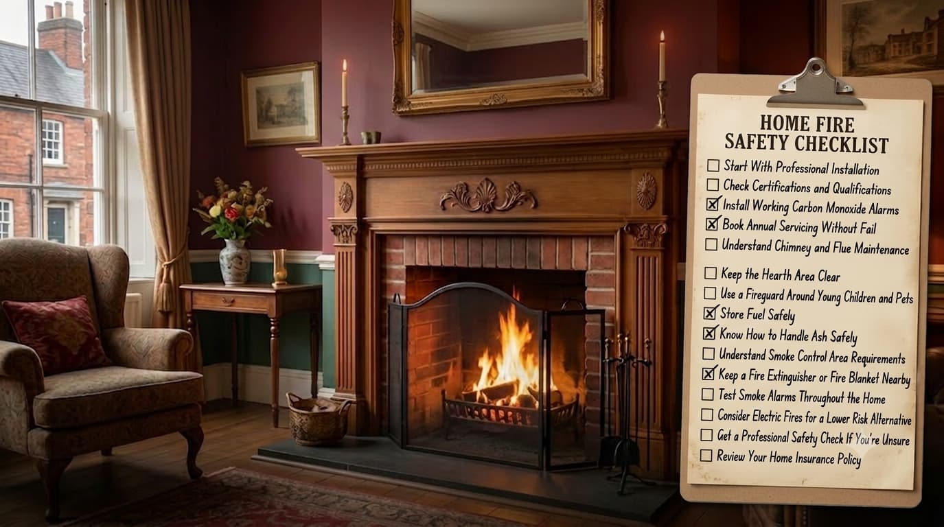A vintage-style living room with a cozy fireplace fire and an old-fashioned clipboard listing a Home Fire Safety Checklist with checkboxes.