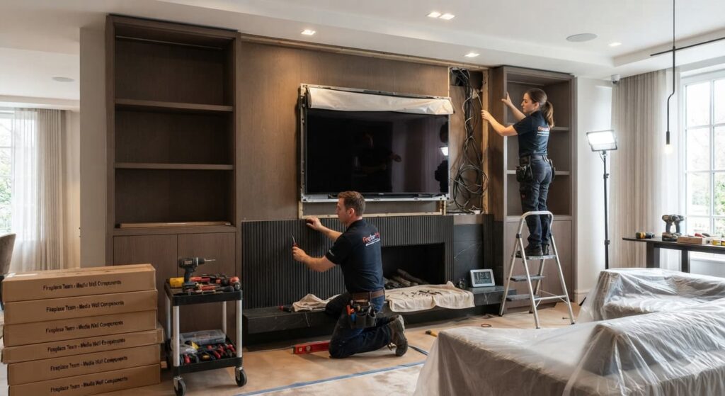 Two installers fitting a bespoke media wall with mounted TV and built-in cabinetry above a fireplace in a protected living room