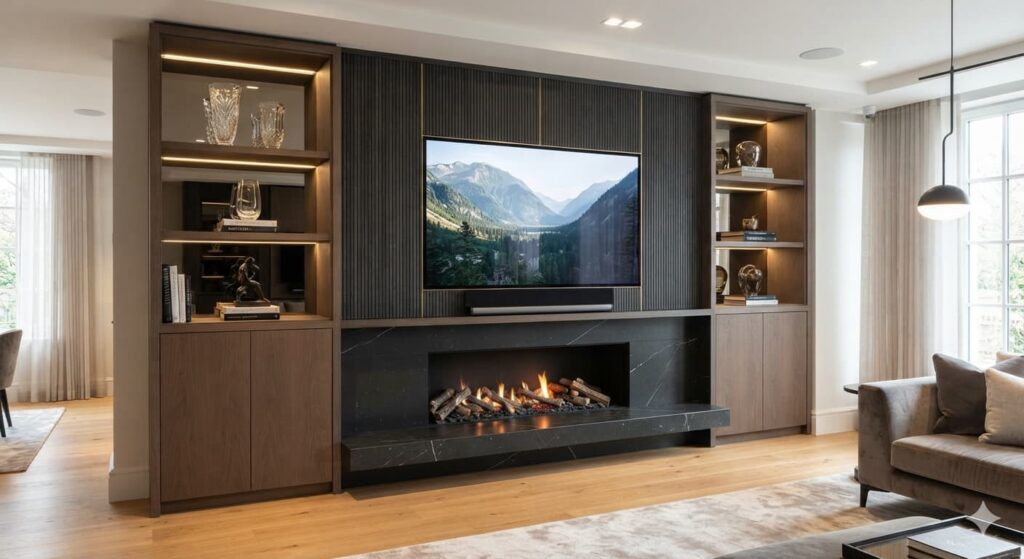 Premium media wall with linear gas fire, marble hearth, mounted TV, and built-in lit storage shelving in a Leicester living room