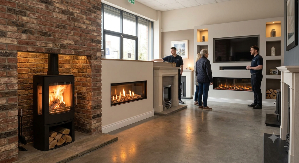 Inside the Blue Oak Fireplaces showroom in Leicester, showing multiple live, working displays of wood stoves, gas fires, and electric media walls lit and running in styled room settings.