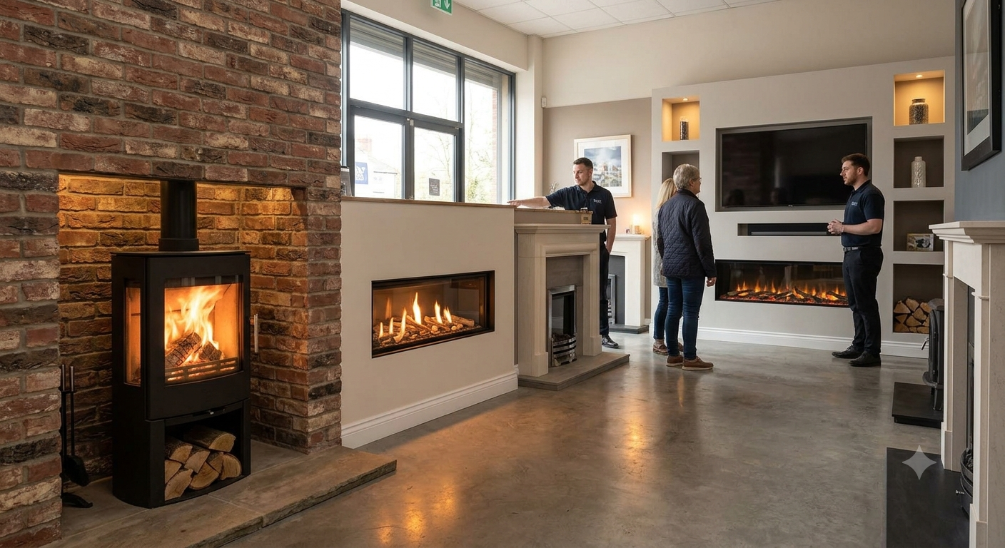 Modern fireplace showroom with electric media wall fires, log burners, and stone surrounds
