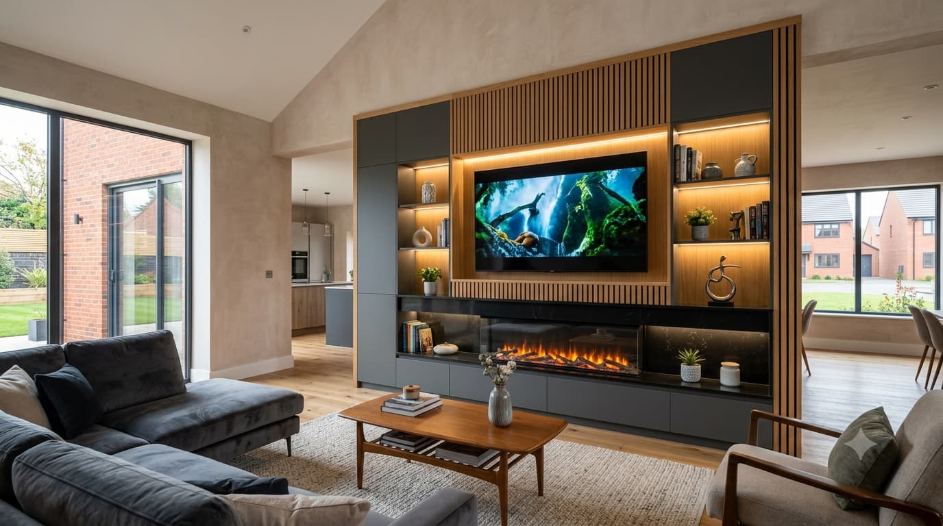 Alt Text: Modern media wall with wooden slat panels, built-in electric fireplace, integrated TV displaying a waterfall, and illuminated shelving in a contemporary living room of a Leicester new build house.