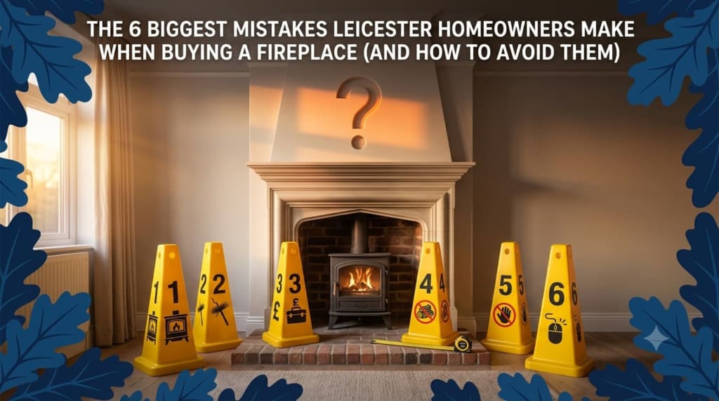 A cozy Leicester living room fireplace scene with six distinct yellow warning cones placed on the hearth, numbered 1 to 6. Each cone features an icon representing a common fireplace buying mistake, like wrong sizing or bad installation. A title overlay reads "6 Biggest Fireplace Buying Mistakes".