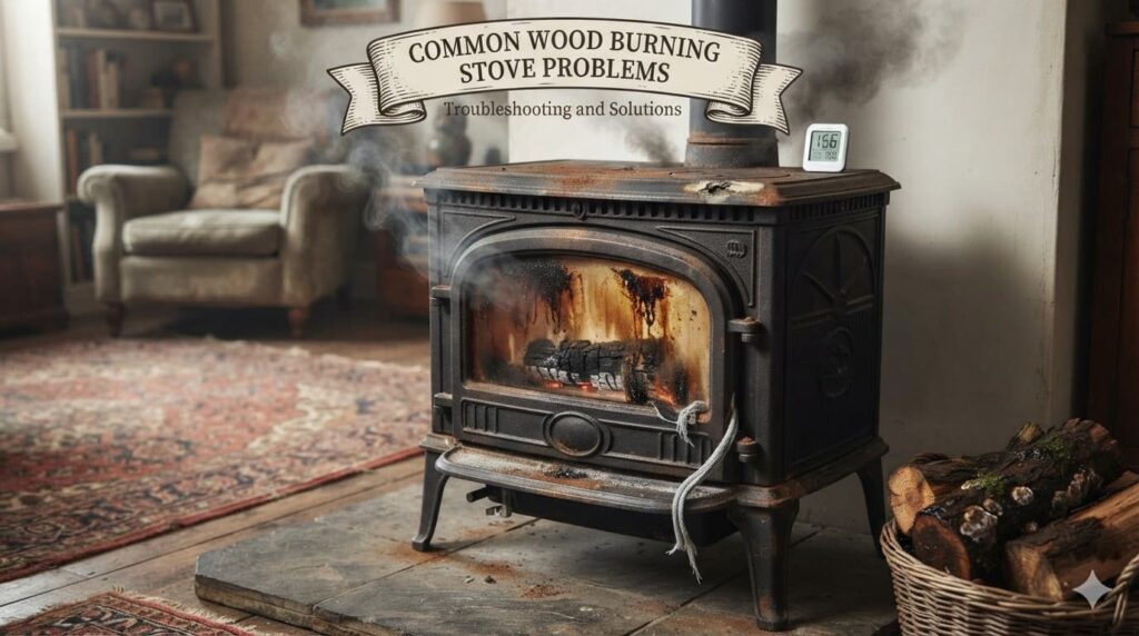 Rusty wood burning stove with smoke leaking from the door seal, glass buildup, and a thermometer, illustrating common stove problems
