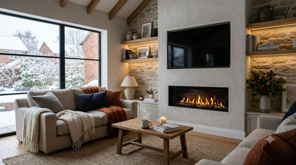 Cozy modern living room featuring a built-in linear gas fireplace, wall-mounted TV, neutral sofa with throw blankets, and a large window looking out onto a snowy winter garden.