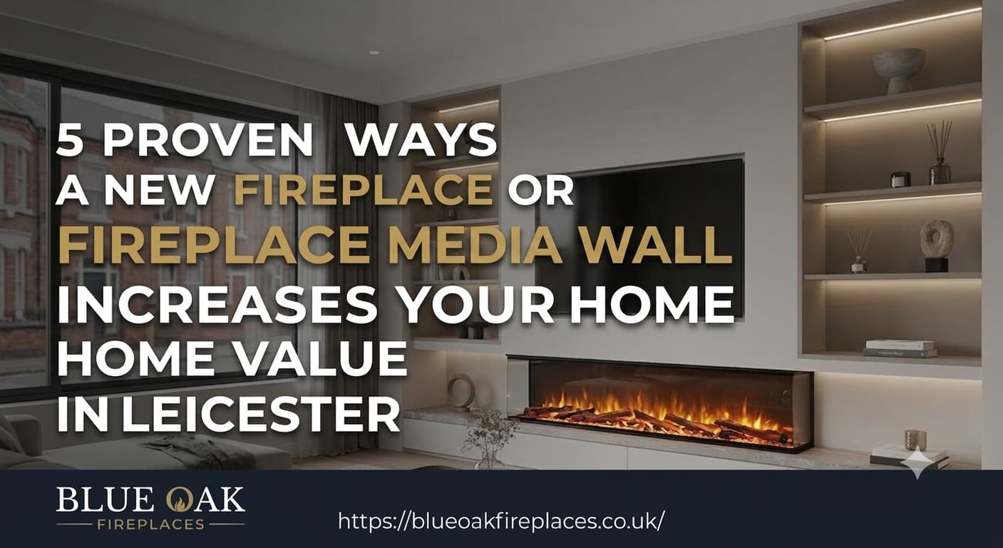 A modern, sleek media wall in a Leicester home featuring an integrated electric fireplace and inset television, serving as the central focal point of a luxury living room and to increase home value.