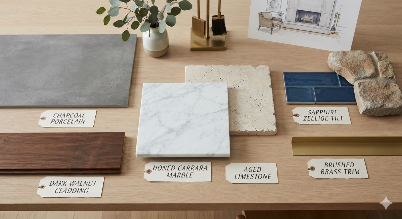 Fireplace surround material samples including marble, limestone, walnut cladding, porcelain, and brass trim on a design mood board