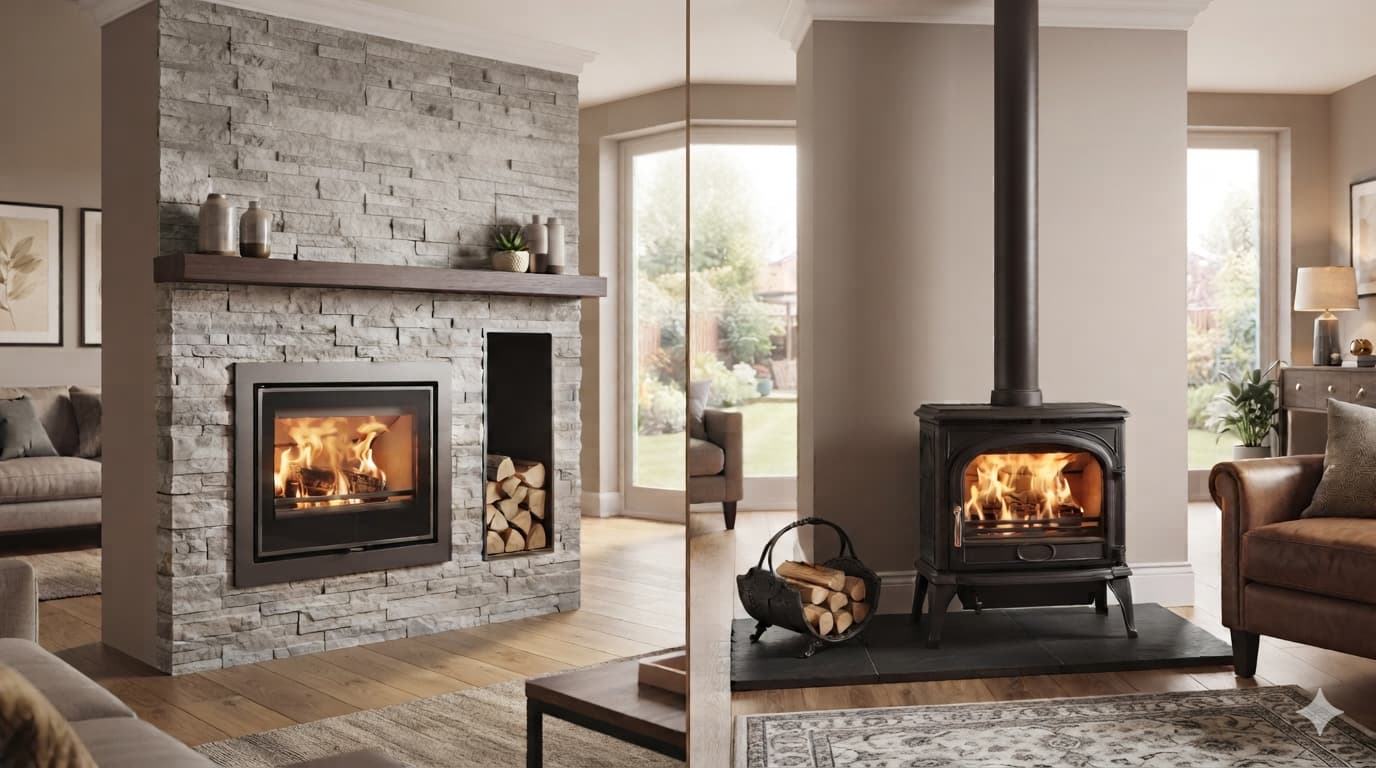 Split image comparing an inset wood burning stove in a stone chimney breast with a freestanding stove on a slate hearth