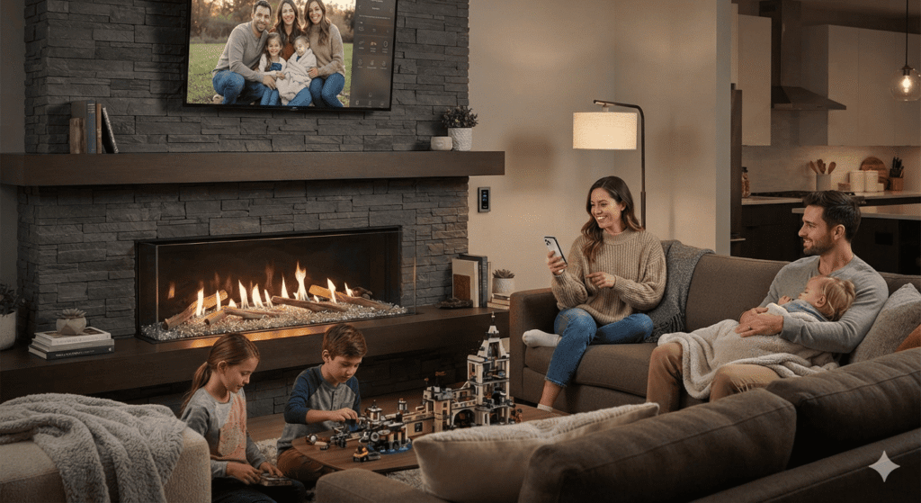 Family relaxing by a low maintenance linear gas fireplace with smart controls in a modern stone feature wall living room