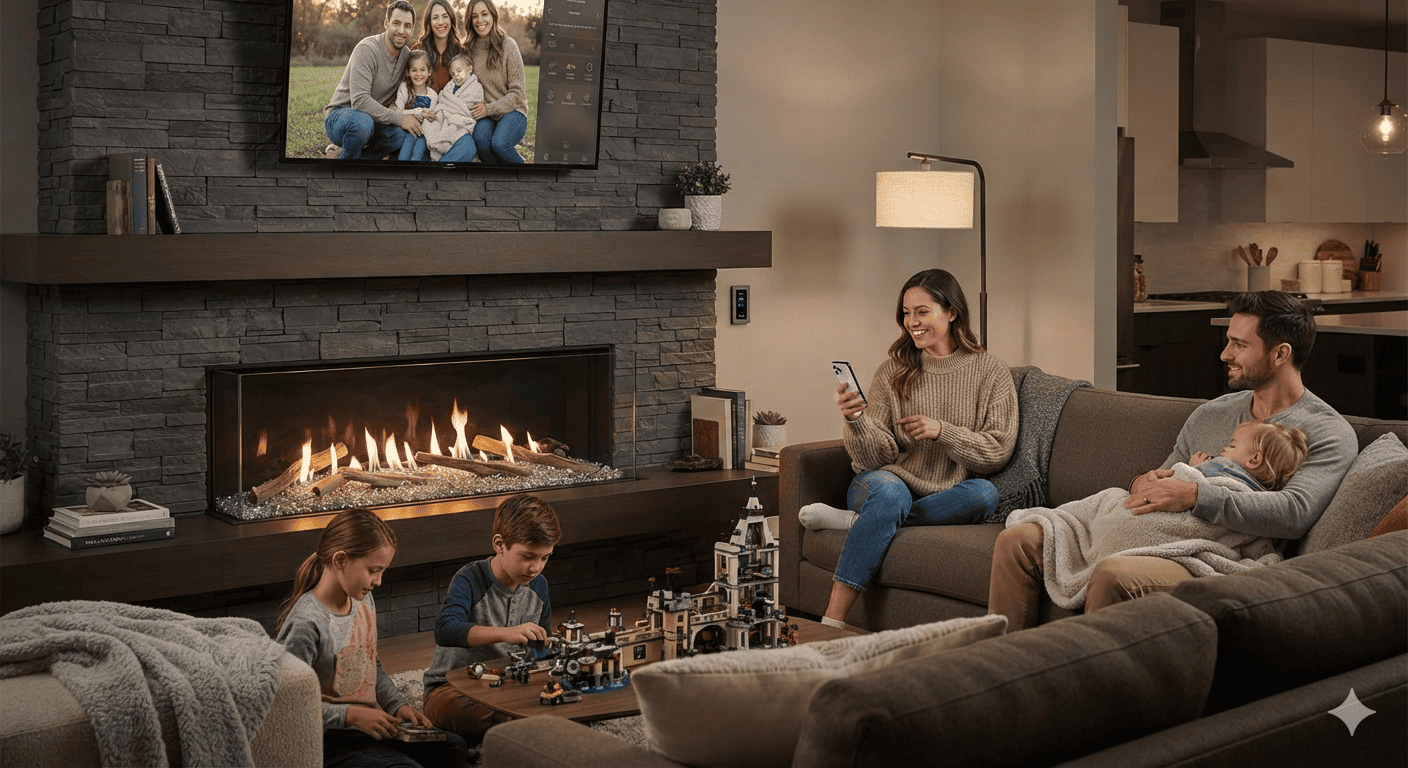 Family relaxing by a low maintenance linear gas fireplace with smart controls in a modern stone feature wall living room