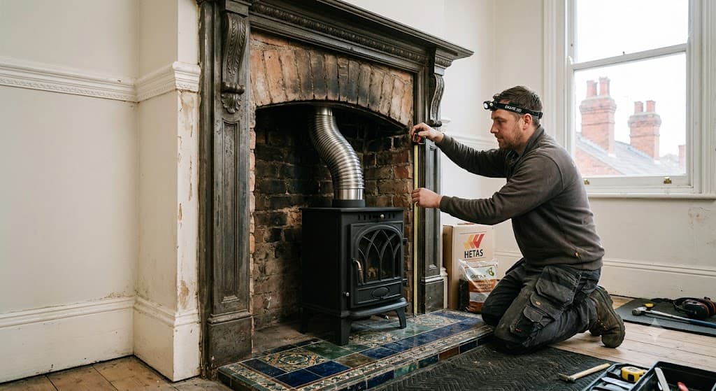 Professional stove installer measuring a Victorian homes fireplace opening for a traditional wood burning stove installation in a period property.