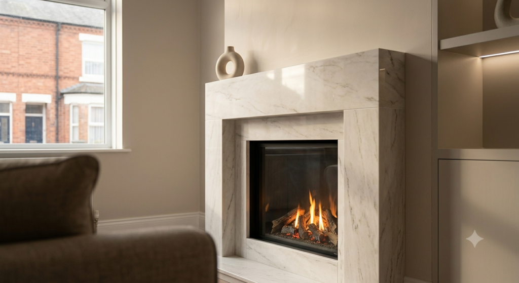 A close-up detail shot focusing on the flawless installation, sharp edges, and luxurious finish of a marble-effect fireplace surround in a traditional Leicester semi-detached home.