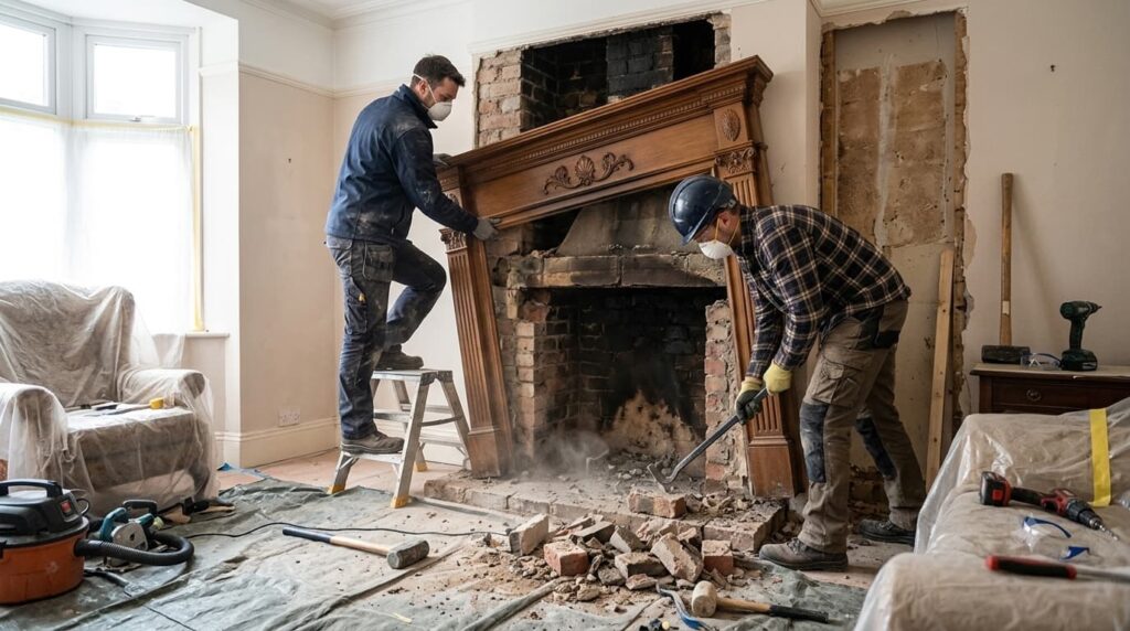 Two workers in masks and safety gear removing a large wood fireplace mantel in a dusty living room undergoing renovation and will also share cost to remove a fireplace.