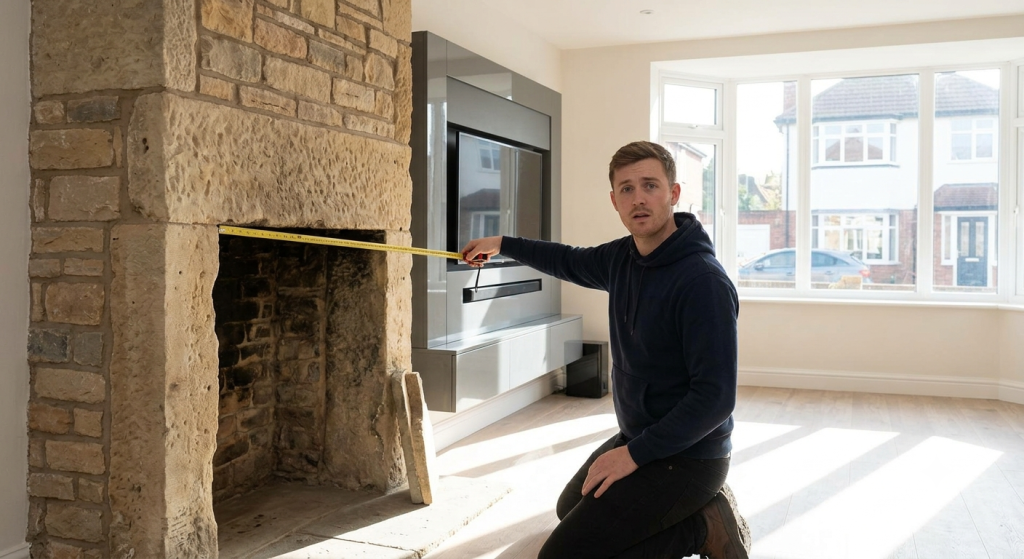 A person measuring a large stone fireplace opening in a modern Leicester living room, looking confused because they didn't check the size before falling in love with a design.