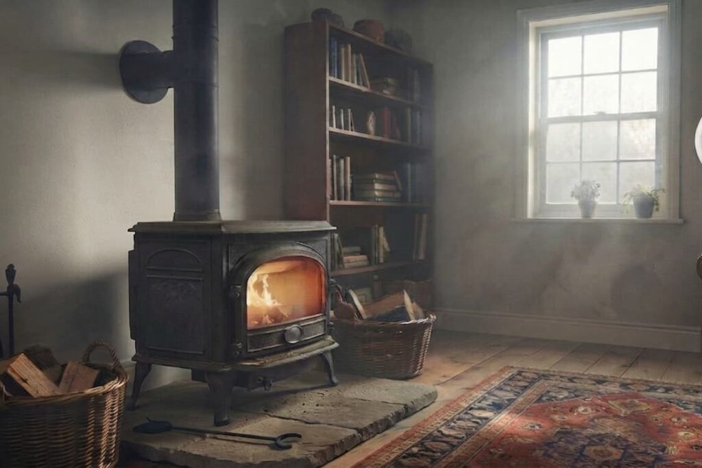 Smoke haze filling a living room from a wood burning stove, with an active carbon monoxide alarm mounted on the wall nearby