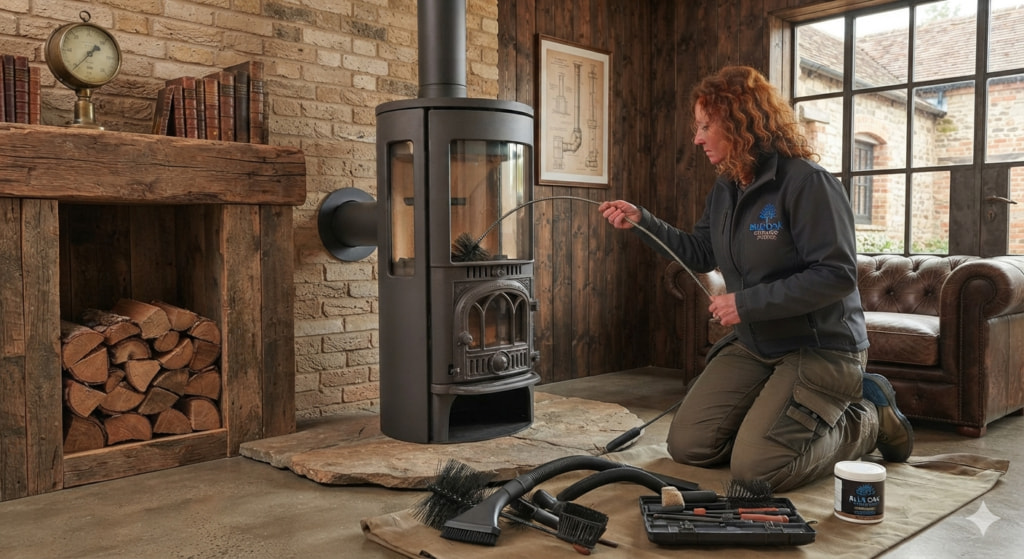 Blue Oak Fireplaces technician cleaning a wood burning stove service and maintenance with a chimney brush in a rustic living room