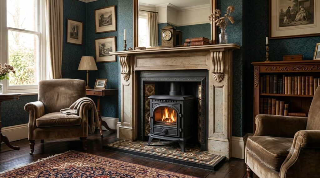 A warm and cozy Victorian home living room features blue patterned wallpaper and a large stone fireplace mantel. A traditional wood-burning stove with a live fire is the central focus, surrounded by decorative tiled flooring. Two brown velvet armchairs frame the fireplace, with a plush rug, framed artwork, and a built-in bookshelf adding rich detail to the scene.