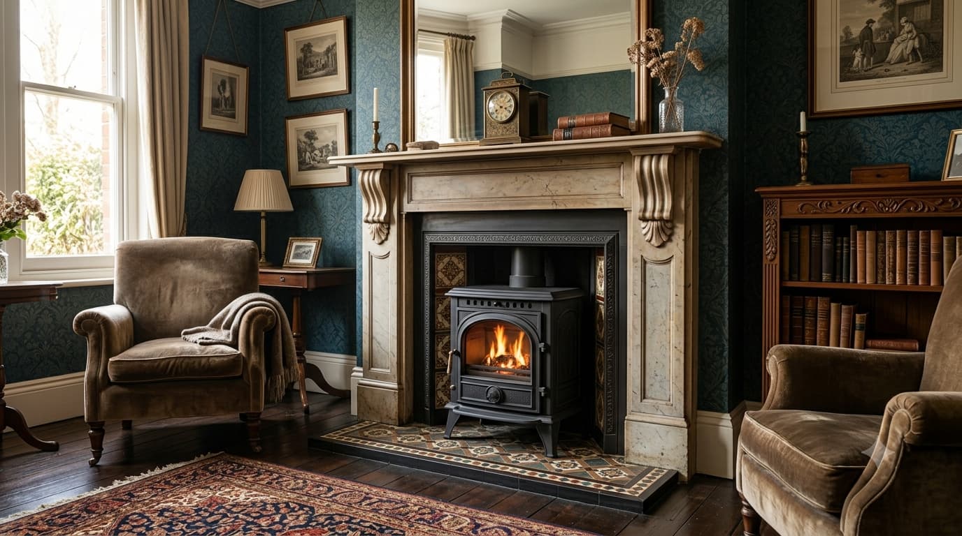 A warm and cozy Victorian home living room features blue patterned wallpaper and a large stone fireplace mantel. A traditional wood-burning stove with a live fire is the central focus, surrounded by decorative tiled flooring. Two brown velvet armchairs frame the fireplace, with a plush rug, framed artwork, and a built-in bookshelf adding rich detail to the scene.