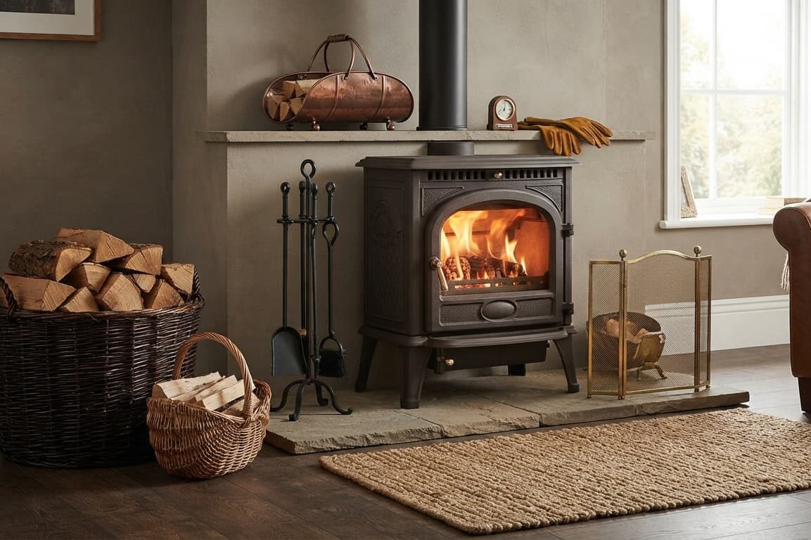 Wood burning stove surrounded by fireplace accessories including a companion tool set, log baskets, ash bucket, and brass fireguard