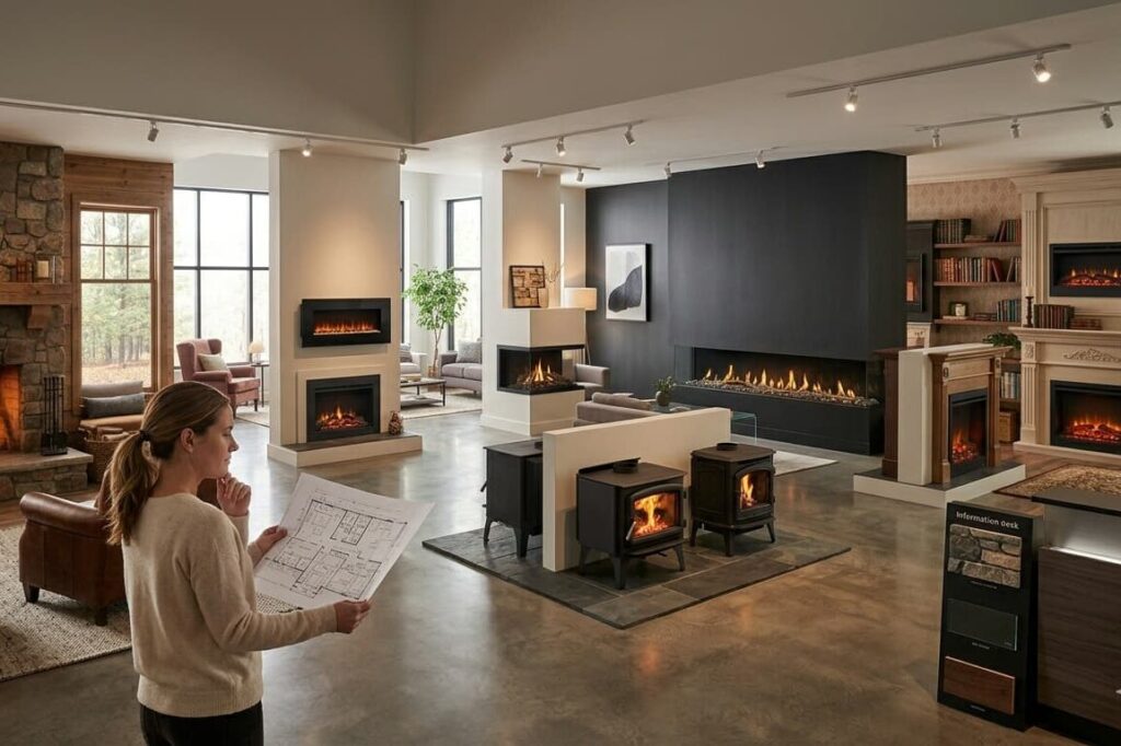 A woman in a cream sweater stands in a large showroom, holding a detailed floor plan how to choose right fireplace for your room size, surrounded by several diverse fireplace displays.