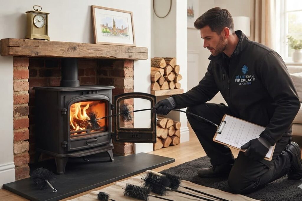Blue Oak Fireplaces technician stove servicing and maintenance for and cleaning the chimney flue in a Leicester home