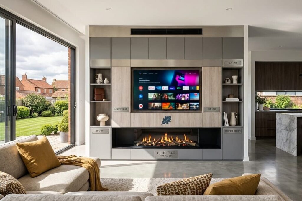 A detailed wide-angle view of a custom-built media wall with a large TV and a linear electric fireplace, designed by Blue Oak Fireplaces (Leicester, UK) for a modern open-plan living and kitchen area. Also knowing simple media wall design