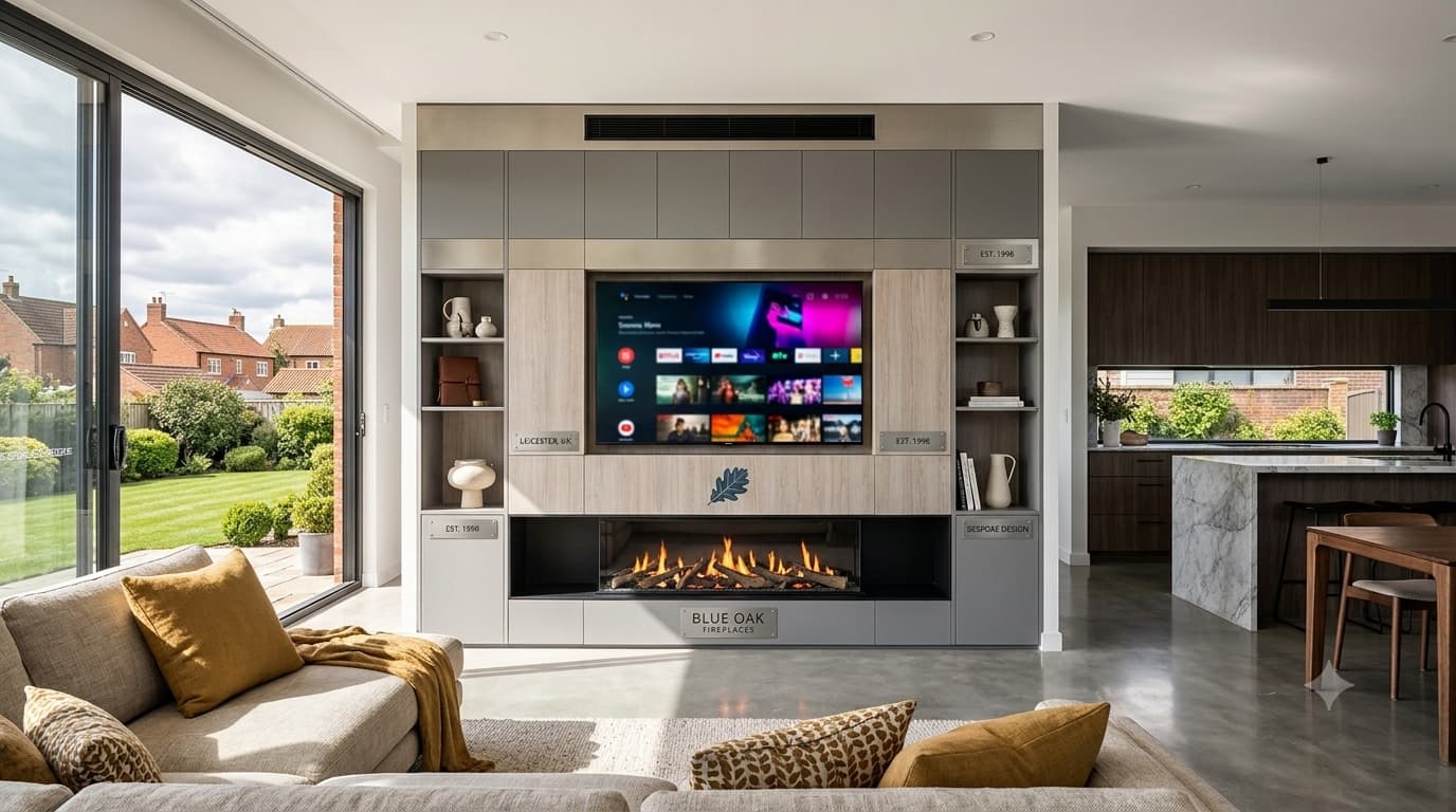 A detailed wide-angle view of a custom-built media wall with a large TV and a linear electric fireplace, designed by Blue Oak Fireplaces (Leicester, UK) for a modern open-plan living and kitchen area.