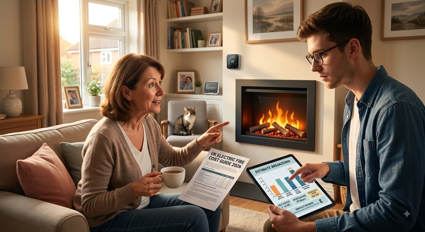 Woman and man discussing electric fire running costs in a living room, reviewing cost estimates on a tablet and paper guide.