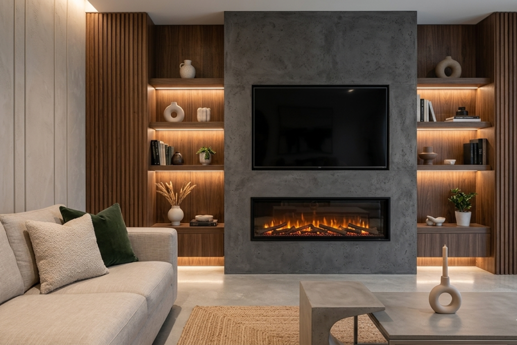 A contemporary living room featuring a concrete-textured media wall with an integrated linear electric fireplace, showcasing Fireplace Ideas for New Build Homes Without a Chimney. Warm LED strip lighting illuminates the flanking dark wood slatted walls and open floating shelves decorated with minimalist ceramics and books